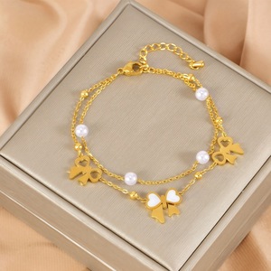 Bracelet tendance en acier inoxydable électroplaqué avec perles, double couche, nœud et coquillage, double face, motif cœur, cadeau pour femme - Product Image 5