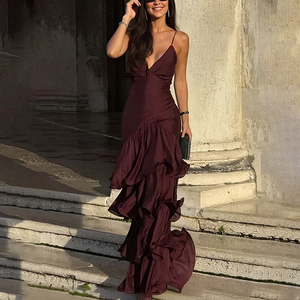Abito Lungo da Festa Senza Maniche con Schiena Scoperta e Scollo a V per Donna, Elegante Vestito Primaverile a Linea A con Volant e Spalline Sottili - Product Image 5