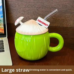 Modern Customized Ceramic <b>Coconut</b> Shape Mug Cute Lid Straw Water <b>Cup</b> Birthday Gift <b>Cup</b> Couple Presents Milk Breakfast <b>Cup</b> Office - Product Image 2