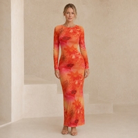 Robe longue moulante HY personnalisée de haute qualité en crêpe floral à col rond, imprimée numériquement, taille naturelle, pour femme, idéale pour les vacances à la plage