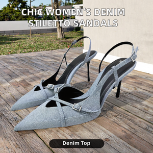 Women's High <b>Heel</b> Sandals New Quality Denim Shallow Lacing <b>Sexy</b> Stiletto Bun Head Spring Fashion Trend Lightweight Sandals - Product Image 3