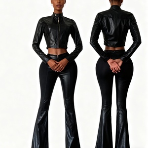 Wanita lengan panjang kerah berdiri jaket & celana PU kulit tambal sulam warna diblokir kasual 2-Piece Set Sehe Fashion - Product Image 4