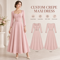 Robe longue sur mesure pour femme en crêpe, avec coutures ajustées, col carré, corsage boutonné, ceinture à la taille, manches longues, coupe trapèze, robe de soirée formelle