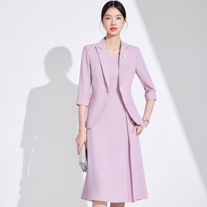 Women's Suit Set Blazer Dress Midi Length Three Quarter Sleeve Polyester Crepe Anti-Wrinkle Formal <b>Work</b> Wear - Product Image 2