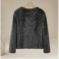 Vintage Damen Woll-Leder Kurzmantel Heather Anthrazit Rundhals Kordelzug Schafsfell Winter Freizeitjacke