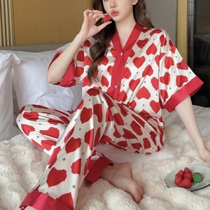 <strong>Women's</strong> Sleepwear 3XL Satin Silk Pajamas Korean Kimono V-neck Short Sleeve <strong>Trousers</strong> 2 Pieces Luxury <strong>Lounge</strong> Wear Silk Home Wear - Product Image 1