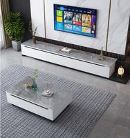 Ensemble table basse et meuble TV extensible en pierre frittée brillante moderne, éco-responsable, style italien de luxe léger, armoire murale pour petits espaces