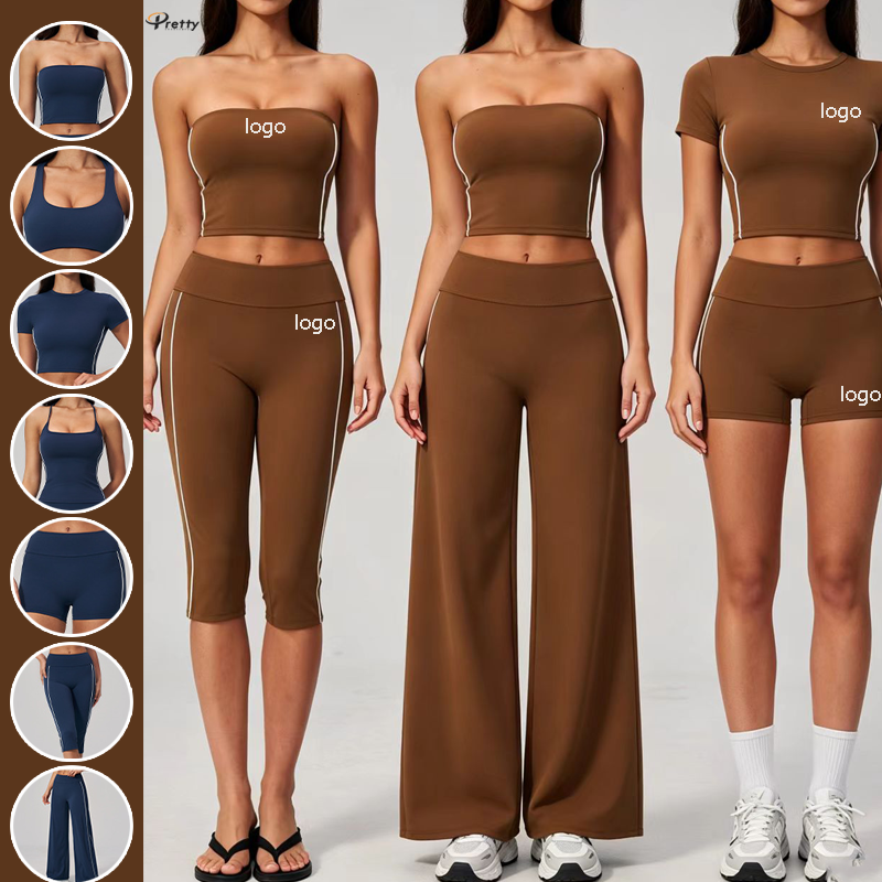 Women's Custom 7-Piece Color-Block Activewear Yoga Set Fashionable Ruched Wrap Tube Top Breathable Brushed Yoga Pilates Set