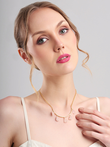 Raw Rose Quartz Crescent Bar <b>Necklace</b> Pink Crystal Gold Tone Curb Chain Modern Elegant <b>Statement</b> Jewelry for Women - Product Image 3