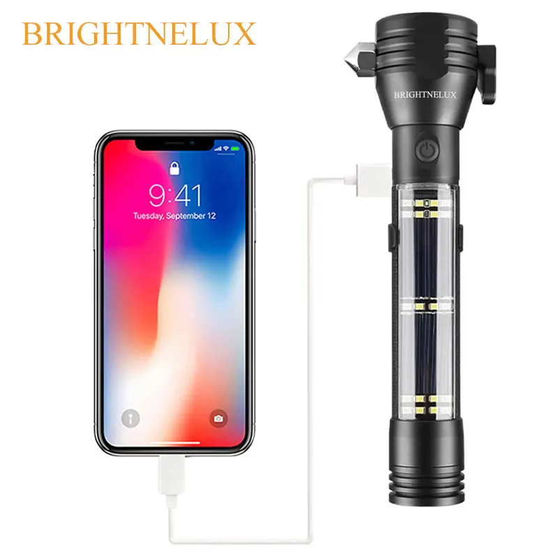 BRIGHTENLUX 5 in 1 Multifunction Power Bank Solar Safety Hammer Light Rechargeable Solar Emergency Flashlight with SOS Mode