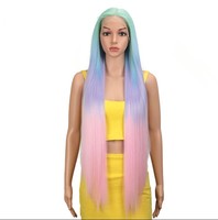 Kualitas Ramping Grosir Murah Warna Biru Mode Tahan Panas Panjang Lurus Pirang Ombre Renda Depan Wig Rambut Sintetis Wig