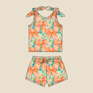 Conjunto de 2 Piezas de Bambú para Niñas, Top <span class=keywords><strong>sin</strong></span> Mangas con Estampado Floral y Lazos en los Hombros y Pantalones Cortos, <span class=keywords><strong>Ropa</strong></span> Casual de Verano para Niños, Estilo Traje de Baño - Product Image 4