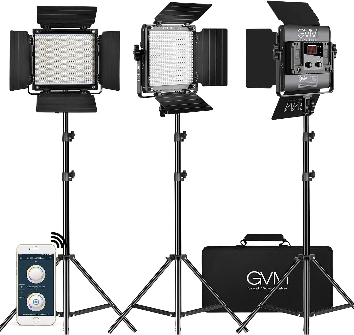 GVM 3パックLEDビデオ照明キット (APPコントロール付き) 、バイカラー変数2300K〜6800K、ビデオ用デジタルディスプレイ輝度、