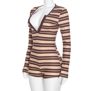 Viviblook J26RP336 Nouvelle Combinaison Décontractée Rayée Ajustée Sexy à Col en V et Manches Longues Côtelées pour Femme – Collection Automne - Product Image 2