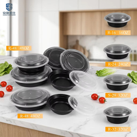 Bol rond en plastique jetable personnalisé noir avec couvercle transparent, récipient alimentaire compatible micro-ondes
