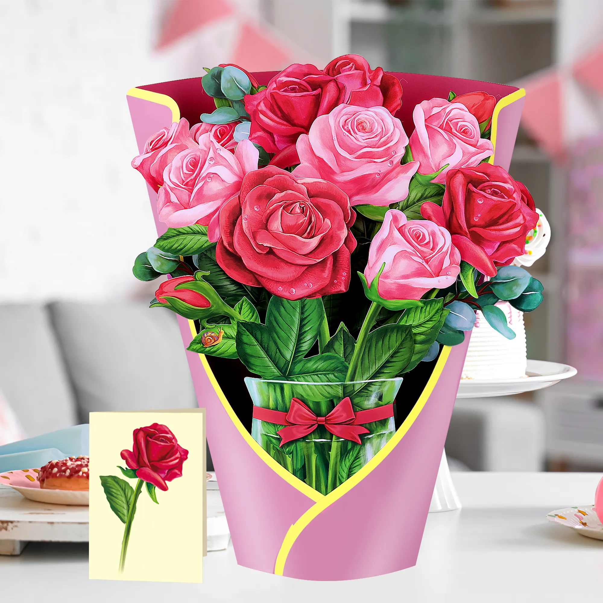 การออกแบบเดิมความคิดสร้างสรรค์ของขวัญวันวาเลนไทน์กระดาษคุณภาพสูง Pop Up ดอกไม้กุหลาบช่อดอกไม้การ์ดอวยพร