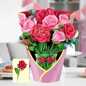 Original Design Creative Valentine's Day Gifts High Quality Paper Pop Up Flower Rose Bouquet Greeting Card