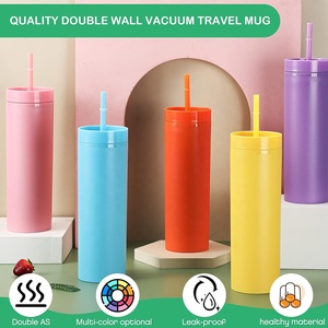 Vasos de Plástico Delgados y Rectos Multicolores con Tapas y Pajitas, Vaso Aislado de Doble Pared de 16 oz - Product Image 3