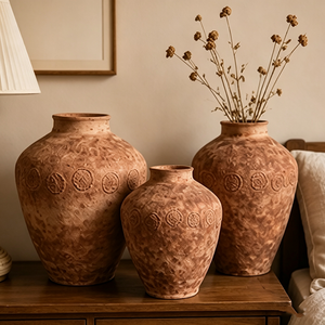 Ensemble de vases <span class=keywords><strong>en</strong></span> céramique à motif circulaire <span class=keywords><strong>en</strong></span> relief terracotta, style rustique Wabi Sabi, décoration de table de chevet <span class=keywords><strong>en</strong></span> bois - Product Image 1