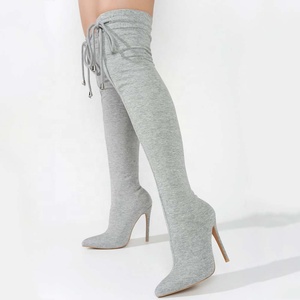 Women Stretch Over Knee High Boots Casual Stiletto Pointed Toe Front Lace up Elastic <b>Shoes</b> Leisure Long Booties - Product Image 5