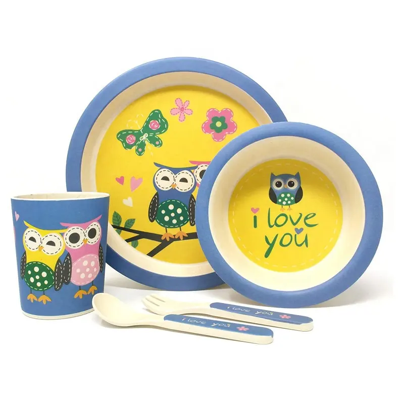 Kinder Bambus Faser Mahlzeit Platte Baby Umweltfreundliche Cartoon Fütterung Set Platte Schüssel Tasse Löffel Gabel 5 Stück Geschirr Set für kleinkind