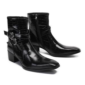 Botas de cuero de vaca de caña alta con estilo retro inglés, zapatos de hombre con punta cuadrada, patrones tallados a mano, cremallera, zapatos de cuero negro. - Product Image 4