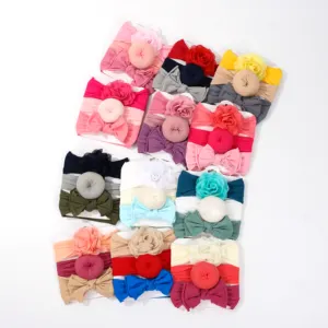 3pcs Set Fashion Baby Nylon Bow Headband Newborn knot Round Ball Head wraps Flower Turban Girls Kids Hair Bands Gift Sets