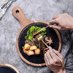 Penjualan Langsung dari Pabrik Nampan Kayu Bulat Restoran Barat Piring Kayu Steak Pizza Makanan Hitam dengan Pegangan