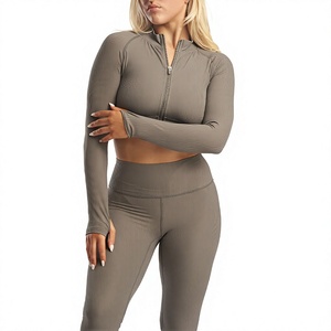 Women Ribbed 2 Piece Yoga Set Full Zip Crop Top High Waist <b>Leggings</b> Seamless Activewear Sweat-Wicking Fitness Wear - Product Image 4