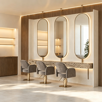 Luminaire de salon de coiffure haut de gamme mural vanité en bois de grain d'eau cadre doré arc miroir éclairé par LED