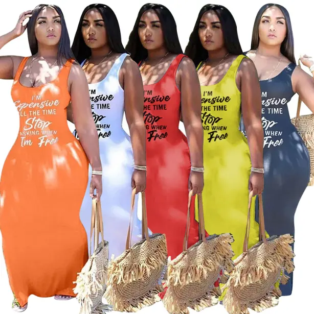 Hot sell women letter print plus size tank top bodycon maxi dress women plus size long casual dresses