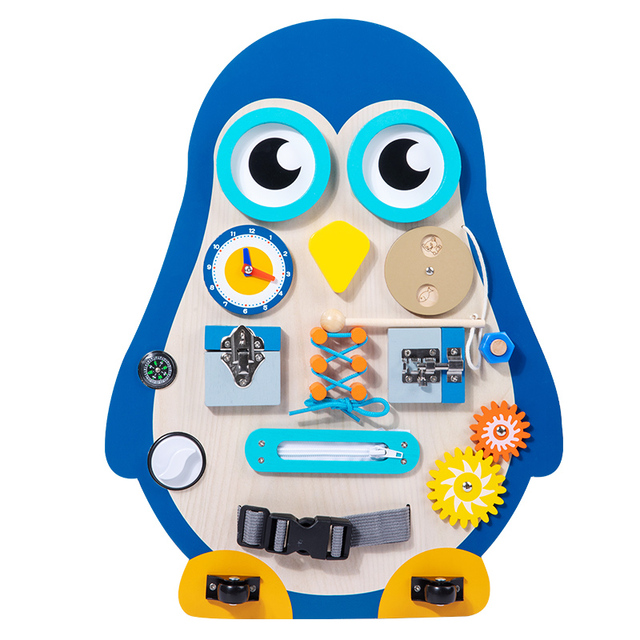 Customized Wooden Hobbies Activity Penguin Busy Board Colorful Sensory Montessori Learning Toys for Kids Boys Girls