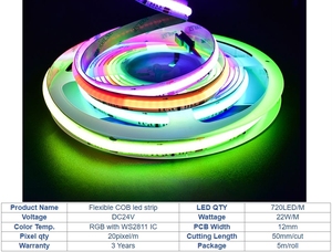 Tira de LED COB Digital RGB Direccionable de Larga Duración a Buen Precio - 720LED/M SPI20 Pixel DC12V-24V 12/22W/M IP20 Iluminación Decorativa - Product Image 2
