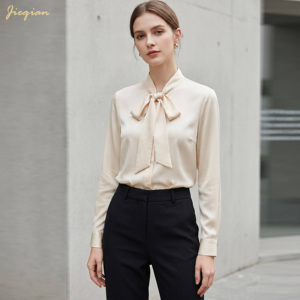 Elegante Camicetta in Chiffon con Fiocco per Ufficio, <span class=keywords><strong>Camicia</strong></span> <span class=keywords><strong>da</strong></span> Lavoro Professionale a Tinta Unita con Maniche Lunghe, Produzione Diretta OEM/ODM - Product Image 1