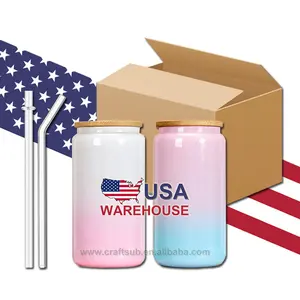 USA Warehouse 16oz 16 oz Iridescent Sparkling Color Ombre Gradient Shimmer Glass Can Blank Sublimation Tumbler with Bamboo Lid
