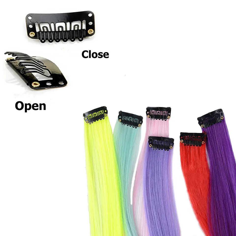 Long Straight Rainbow Highlight Colored Hair Extensions Clip In Fak e Hair Synthetic Hair Pieces For Women Heat Resistant