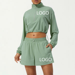 2025ジョギングウェアセットシャツショート2ピースセットクロップドトップ長袖スタンドカラーコートバイカー軽量ジャケットジム用ヨガセット - Product Image 4