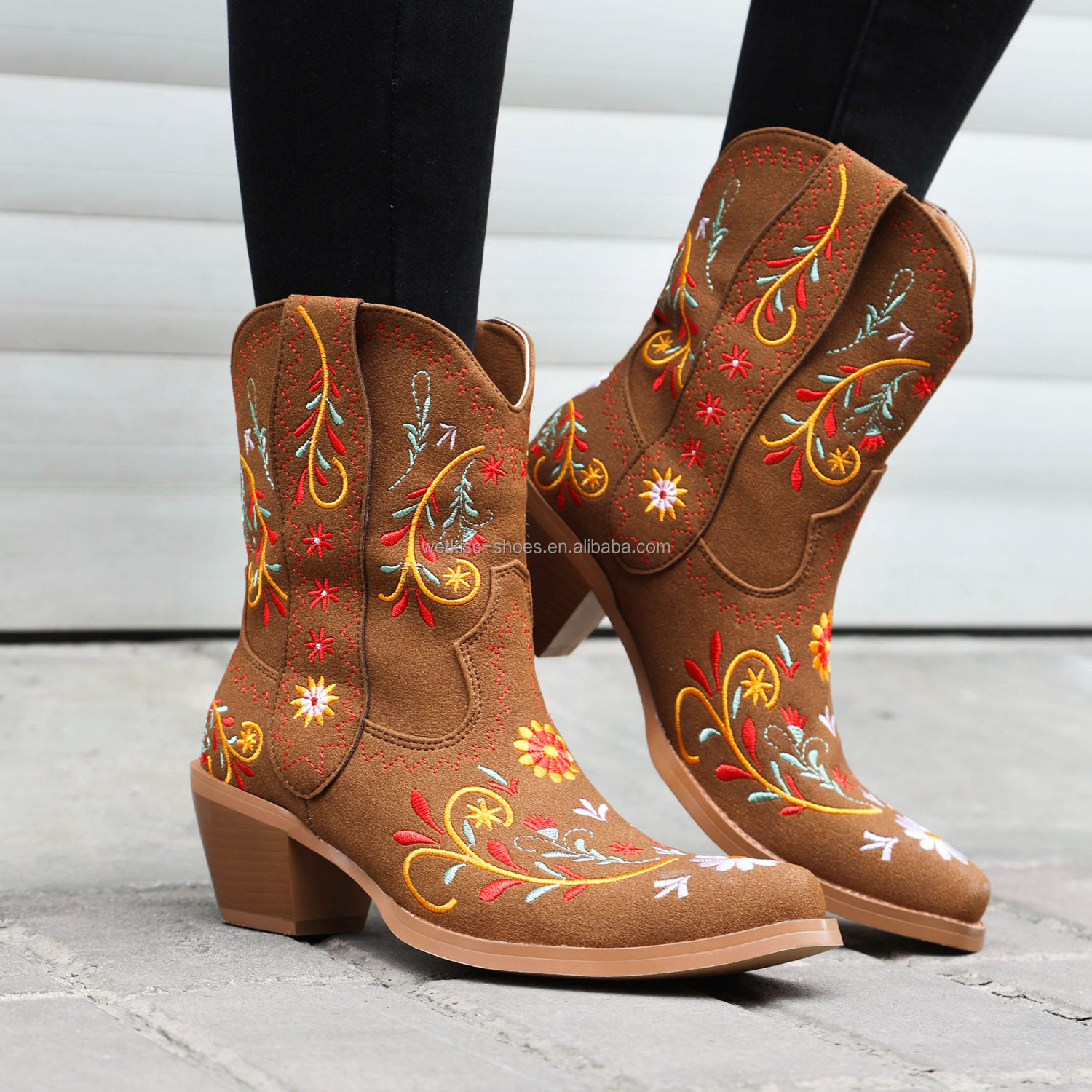 WETKISS-Botines con Bordado para Mujer, Botas Vaqueras con Punta Corta  Floral, Estilo Vintage, Estilo Vaquero Mexicano, Talla Grande 15