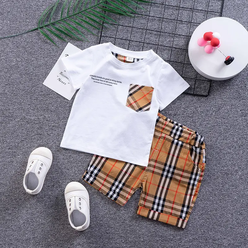 Baby clothing sets boys high-quality summer letter plaid pocket T shirt shorts kids clothing baby boy clothing sets