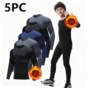 Paquete de 5 Camisetas Térmicas de Compresión para Niños y Niñas, Forradas de Felpa, Cuello Redondo, Capa Base Deportiva, Camiseta Interior - Product Image 1