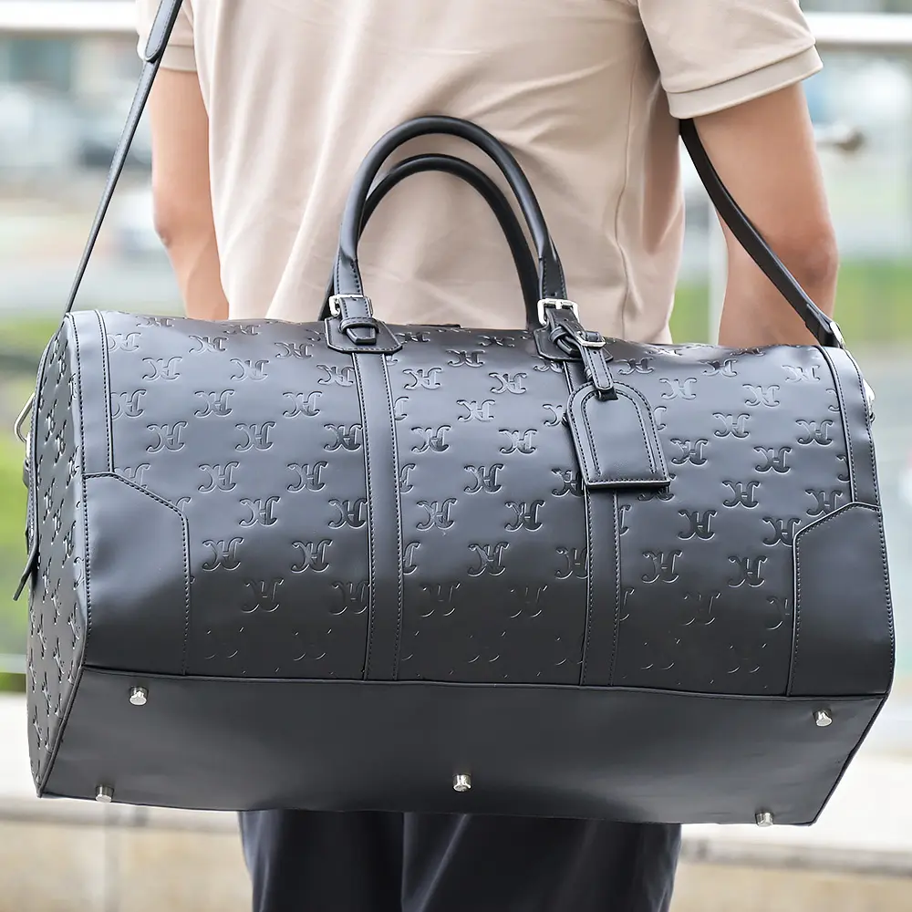 LOGO personnalisé mode luxe haut de gamme hommes noir pleine fleur en cuir polochon voyage weekender sac de sport