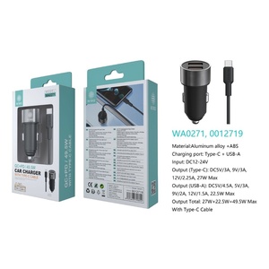 Caricabatterie per auto QC + PD, 2 porte tipo-C/USB-A con cavo tipo-C 4.5A 49.5W caricatore per auto nero