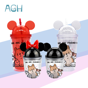 Amazon hot seller factory wholesales 16oz clear acrylic cup 16oz Double Wall plastic Mouse ears ear Tumbler with lid and straw
