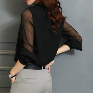 Blusas de Cetim Femininas YiXin <span class=keywords><strong>2026</strong></span> Elegantes Tops Coreanos com Renda Decote Redondo Plus Size Respirável Manga Longa Solta Chiffon S-3XL - Product Image 2