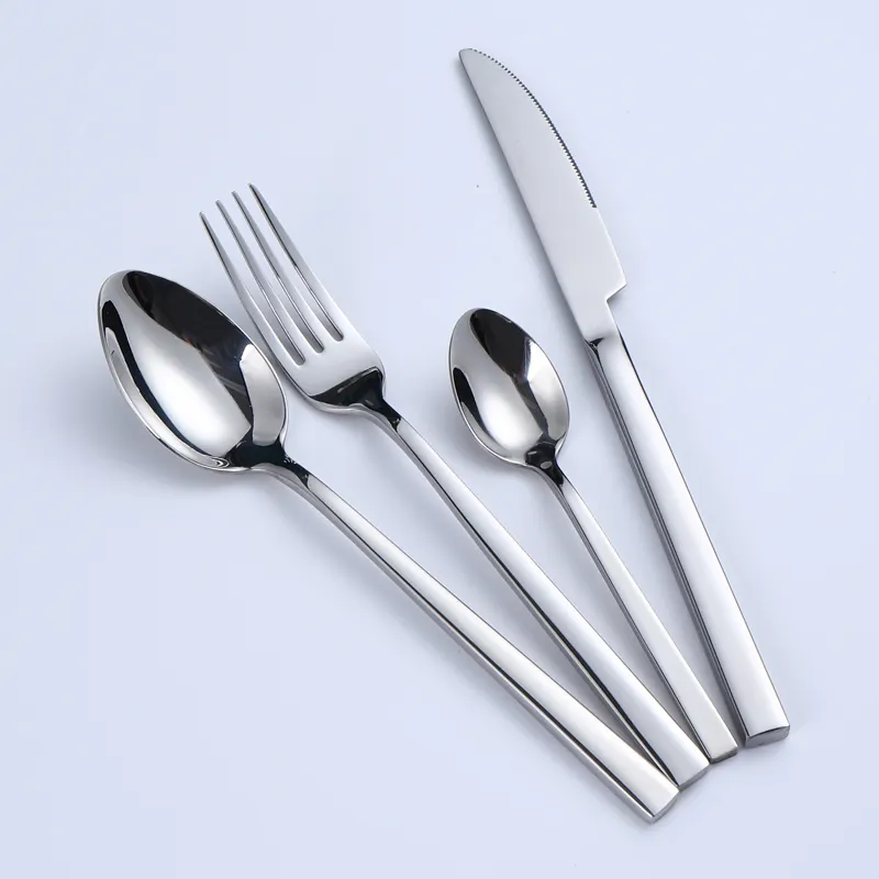 High Quality 18/10 Cutlery Mirror Polish Square Handle Hotel Shiny Stainless Steel Flatware Set