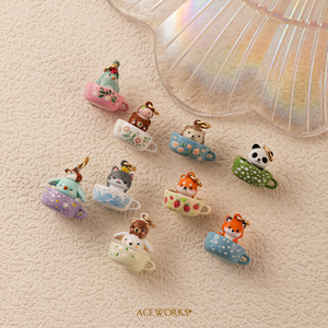 Tazas de Té con Diseño de Animales Adorables |   Colgantes de latón chapado en oro de 18 quilates con esmalte pintado a mano, diseño de animales, tazas de té, bonitos y kawaii para la fabricación de joyas - Product Image 2