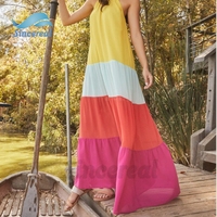 Robe longue maxi de créateur de luxe OEM, collection été 2026, motif rayures arc-en-ciel, couleurs vives, style colorblock