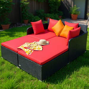 Red Outdoor Rattan Daybed With Upholstered Cushions Garden <b>Sofa</b> <b>Set</b> Contemporary Design - Product Image 2