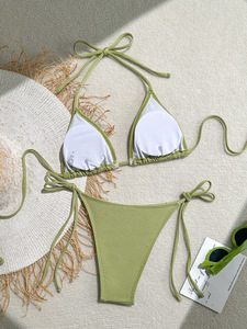 Conjunto de bikini de 2 piezas acanalado para mujer, con espalda descubierta, halter y lazos laterales, de secado rápido, transpirable, para verano y playa - Product Image 6