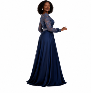 Elegante Abito Lungo in Raso Elasticizzato a Maniche Lunghe per Madre <span class=keywords><strong>della</strong></span> <span class=keywords><strong>Sposa</strong></span> con Pizzo Ricamato e Vita Decorata con Perline - Product Image 5
